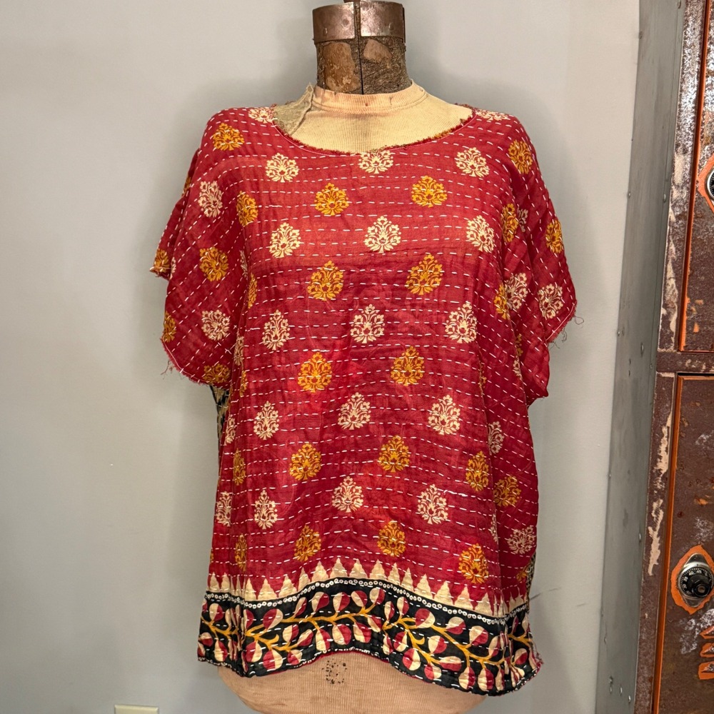 Kantha Tunic Top Reversible Boho Hippie Recycled Sari One Size Artsy Funky - Picture 2 of 8